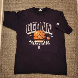 Vintage Starter UCONN Huskies Basketball Shirt Made In USA 100% Cotton Navy Blue